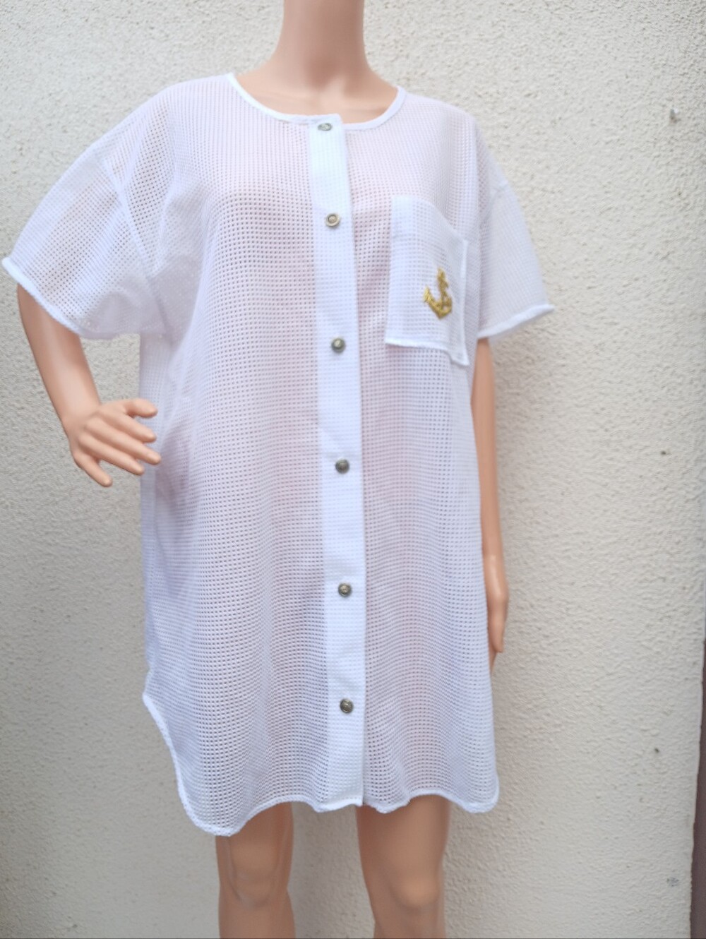 LE COVE White Mesh Button-Up Shirt – Anchor Detail – Size L